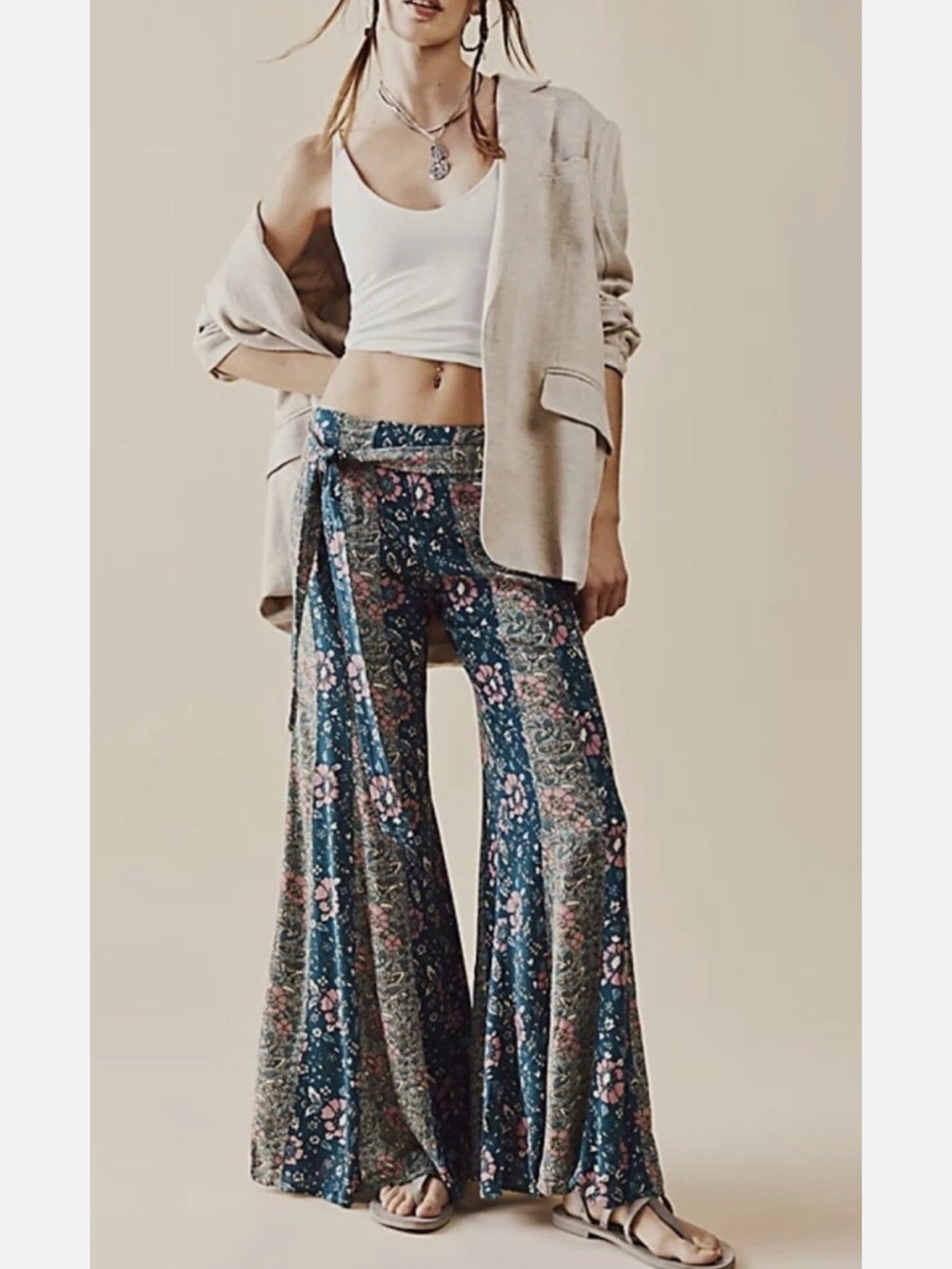 Free People Teal Floral Wide-Leg Jumpsuit Pants